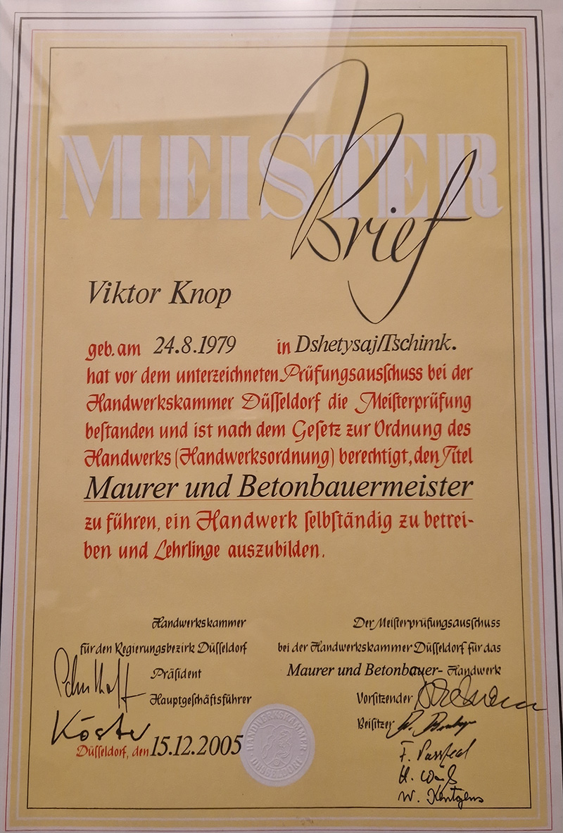 Meisterbrief der Handwerkskammer Düsseldorf für Viktor Knop