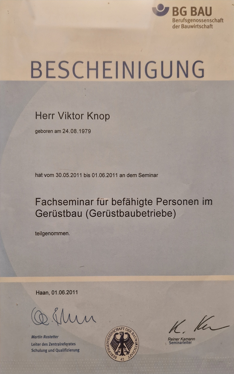 Bescheinigung: Fachseminar für befähigte Personen im Gerüstbau