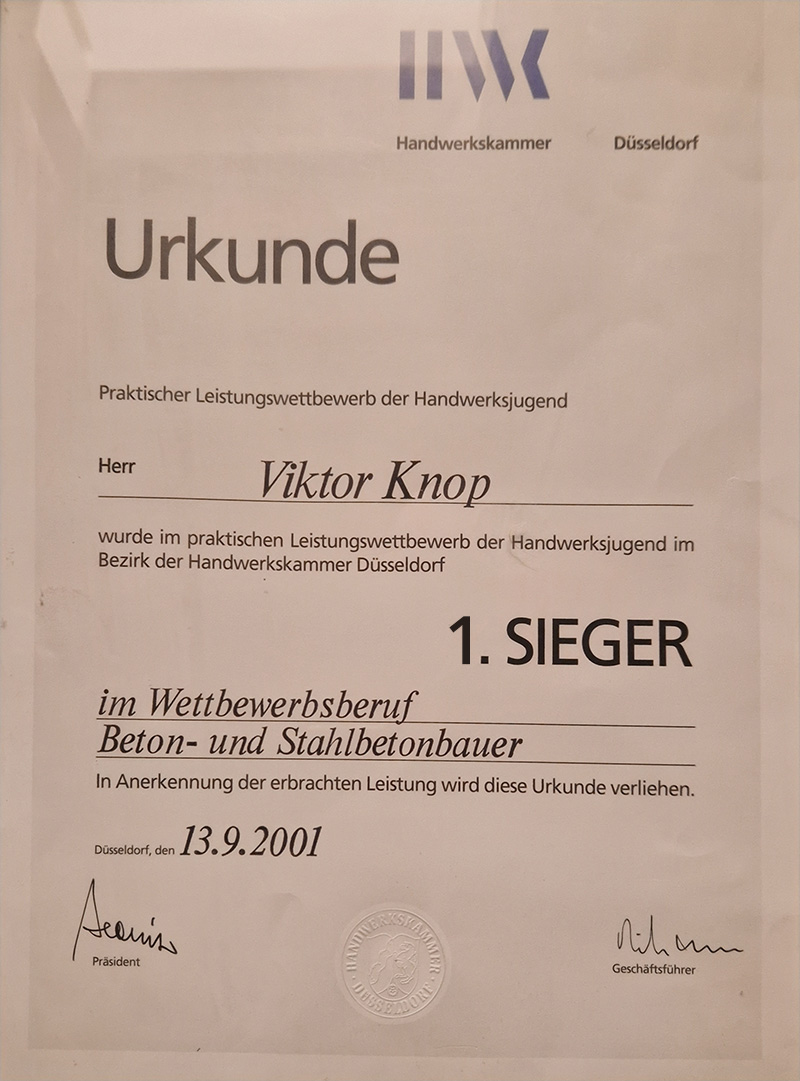 Urkunde Handwerkskammer Düsseldorf: 1. Sieger im praktischen Leistungswettbewerb Beton- und Stahlbetonbauer