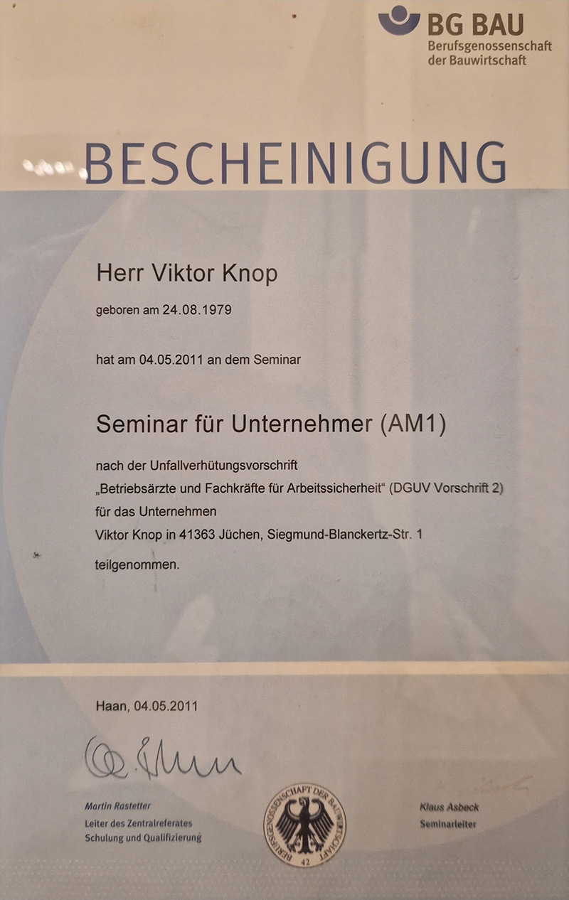 Bescheinigung: Seminar für Unternehmer (AM1)