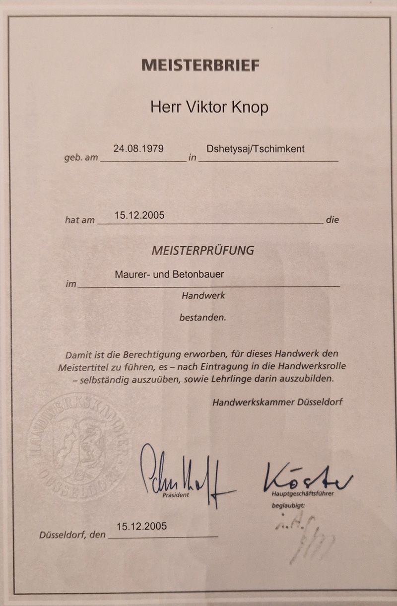 Meisterbrief Maurer- und Betonbauermeister, Viktor Knop